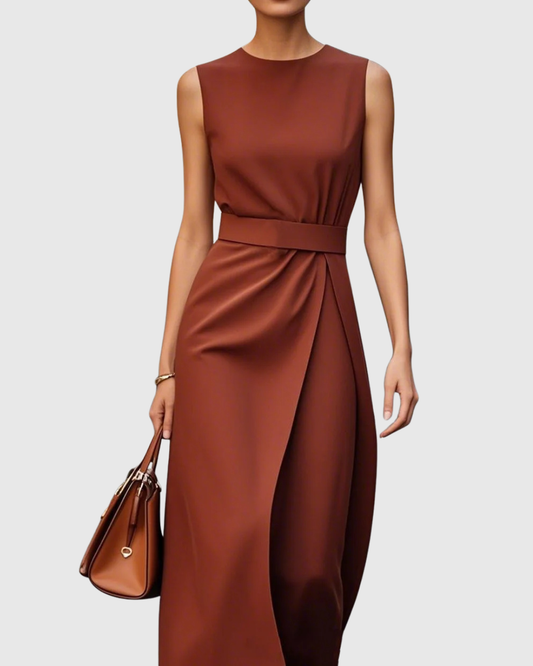 Elegant Satin Midi Dress for Women with Round Neck Sleeveless Wrap Waist Formal Wedding Guest Style