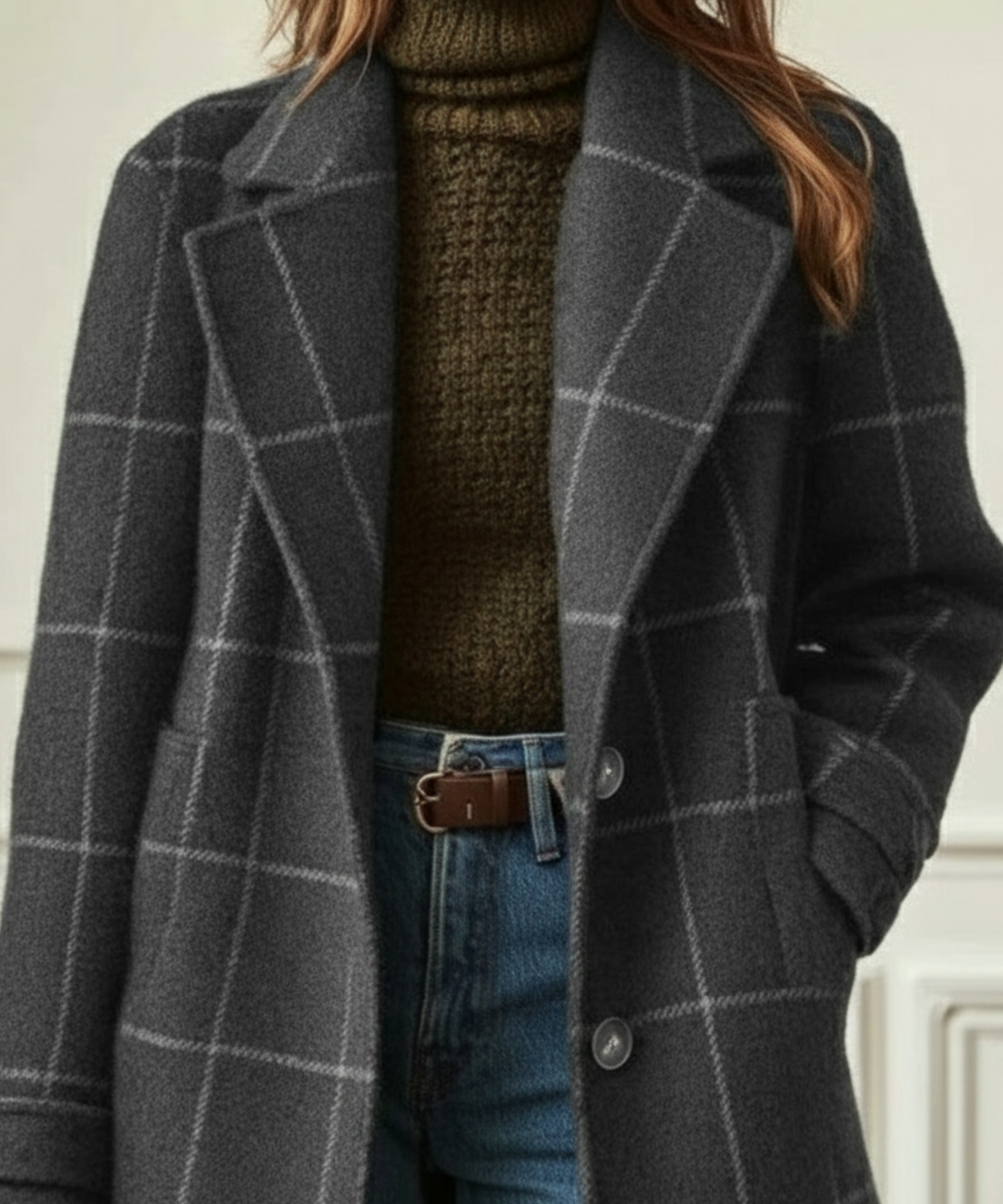 Elegant Plaid Wool Coat for Women with Notch Lapel Long Sleeve Button Front Relaxed Style
