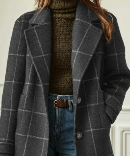 Elegant Plaid Wool Coat for Women with Notch Lapel Long Sleeve Button Front Relaxed Style