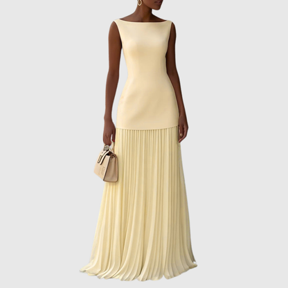 Elegant Chiffon Maxi Dress for Women with Boat Neck Sleeveless Drop Waist Formal Wedding Guest Style