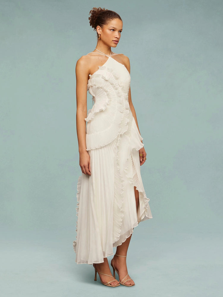 Elegant Tiered Ruffle Midi Dress for Women with One Shoulder Flowy Formal Wedding Guest Style