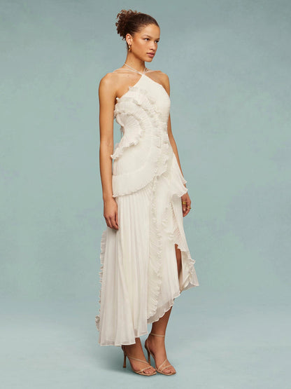 Elegant Tiered Ruffle Midi Dress for Women with One Shoulder Flowy Formal Wedding Guest Style