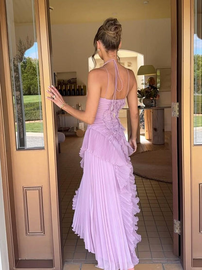 Elegant Tiered Ruffle Midi Dress for Women with One Shoulder Flowy Formal Wedding Guest Style