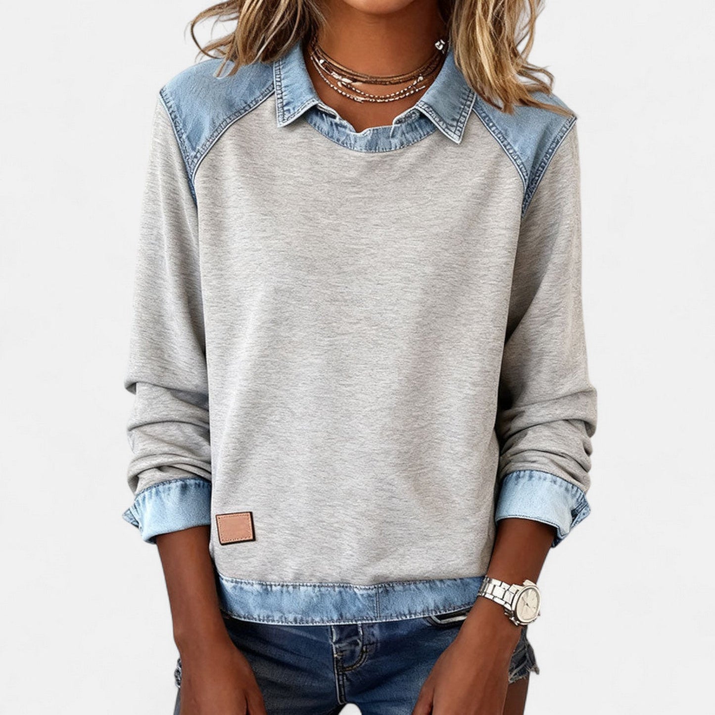 Effortless Denim Colorblock Sweatshirt for Women with Shirt Collar Long Sleeve Raglan Contrast Casual Style