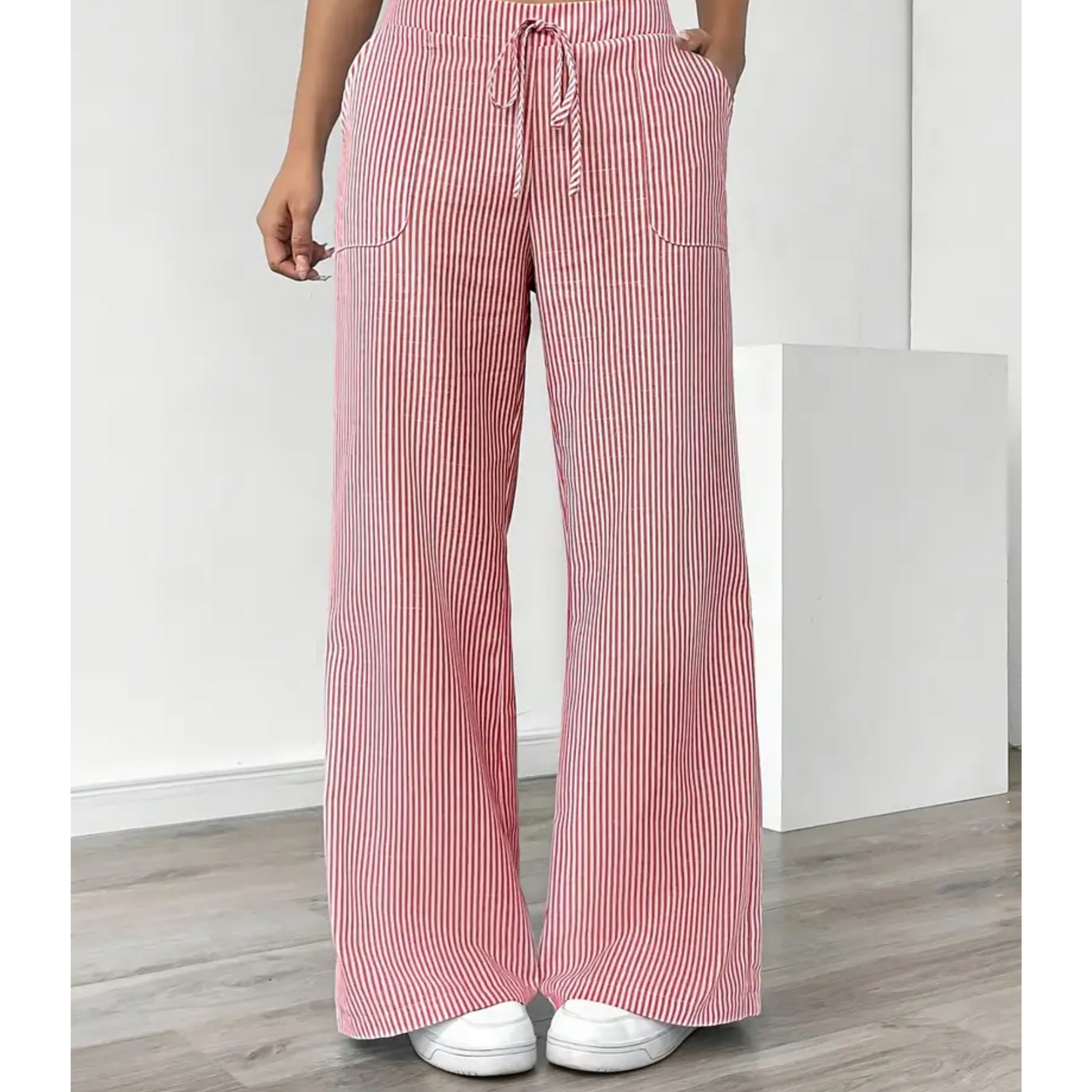 Effortless Striped Wide Leg Pants for Women with High Waist Drawstring Side Pocket Relaxed Casual Style