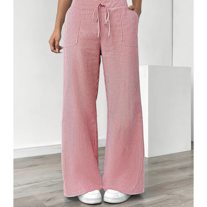 Effortless Striped Wide Leg Pants for Women with High Waist Drawstring Side Pocket Relaxed Casual Style