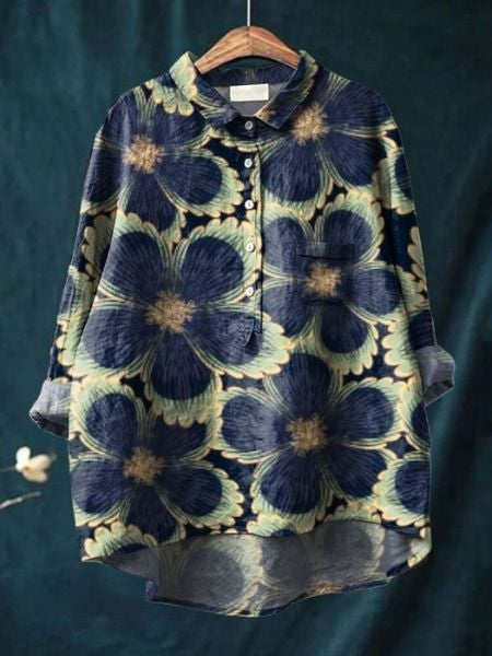Effortless Floral Blouse for Women with Collar Long Sleeve Button Front High Low Hem Style