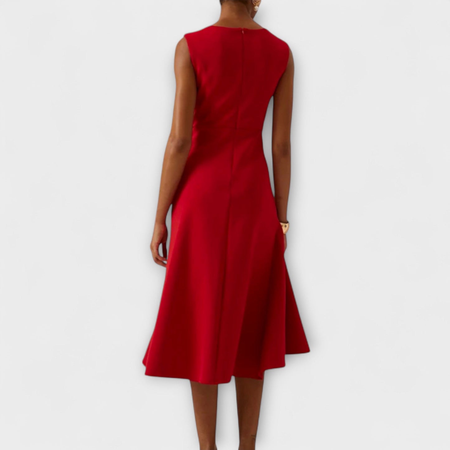 Elegant Satin Midi Dress for Women with Round Neck Sleeveless Draped Wrap Ruffle Formal Wedding Guest Style