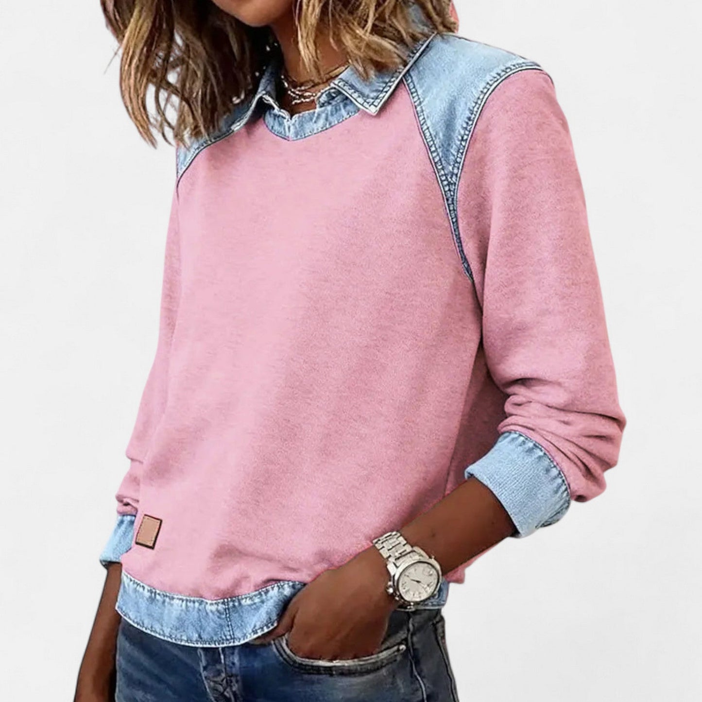 Effortless Denim Colorblock Sweatshirt for Women with Shirt Collar Long Sleeve Raglan Contrast Casual Style