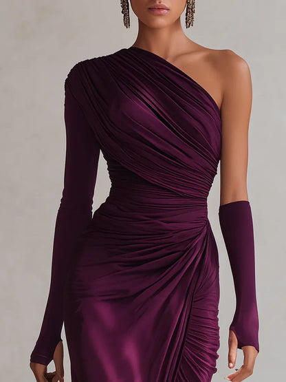 Elegant Purple Satin Maxi Dress for Women with One Shoulder Long Sleeve Ruched High Slit Formal Style