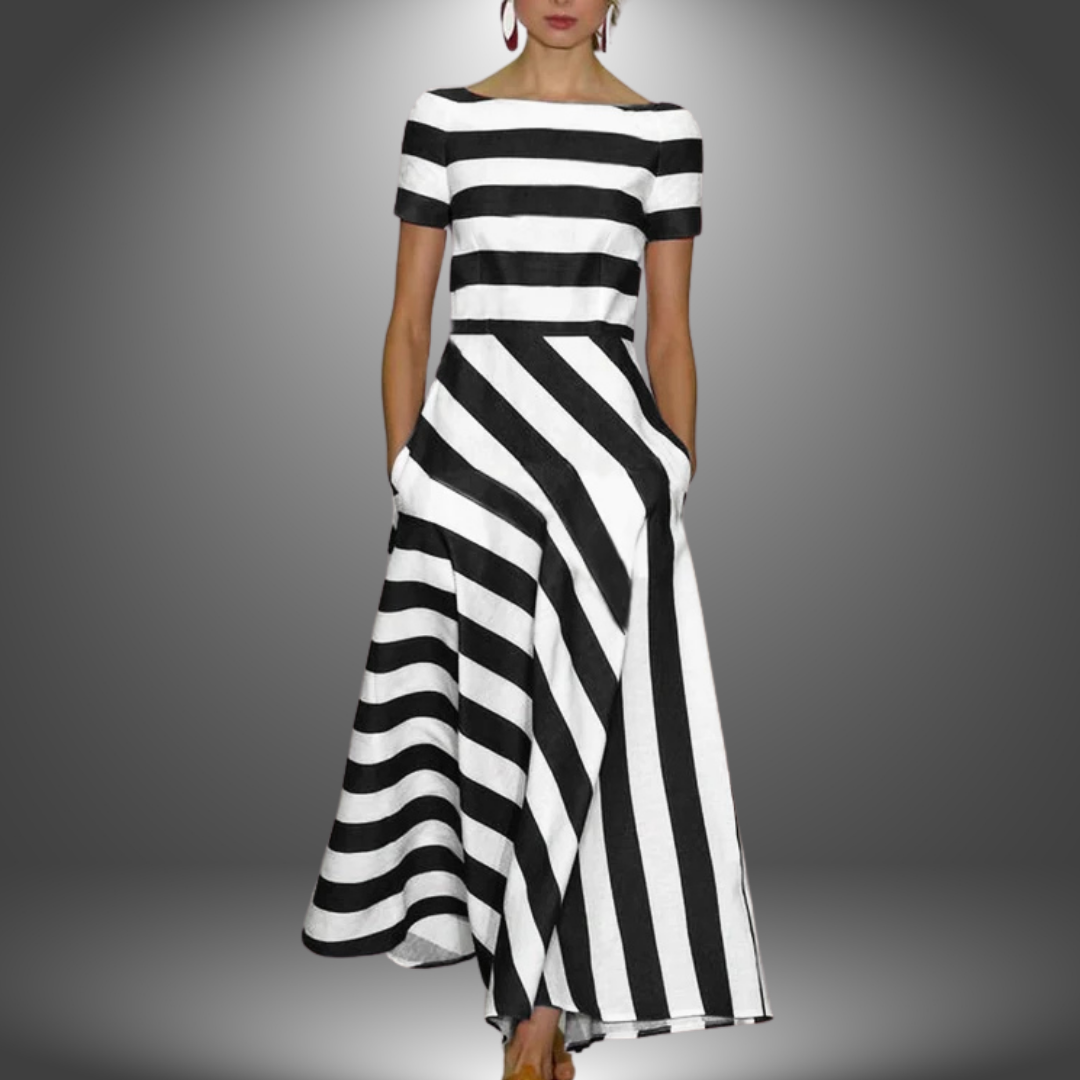 Elegant Striped Maxi Dress for Women with Boat Neck Short Sleeve Asymmetric Hem Flowing Style