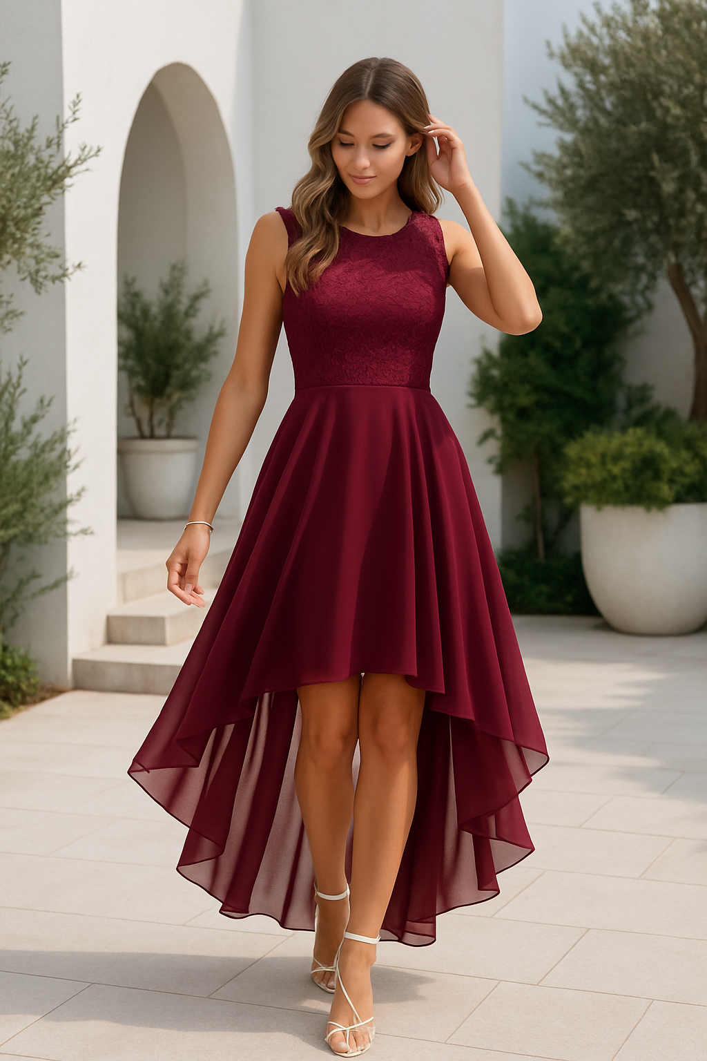 Elegant Maxi Dress for Women with Round Neck Sleeveless High Low Tulle Hem Formal Wedding Guest Style