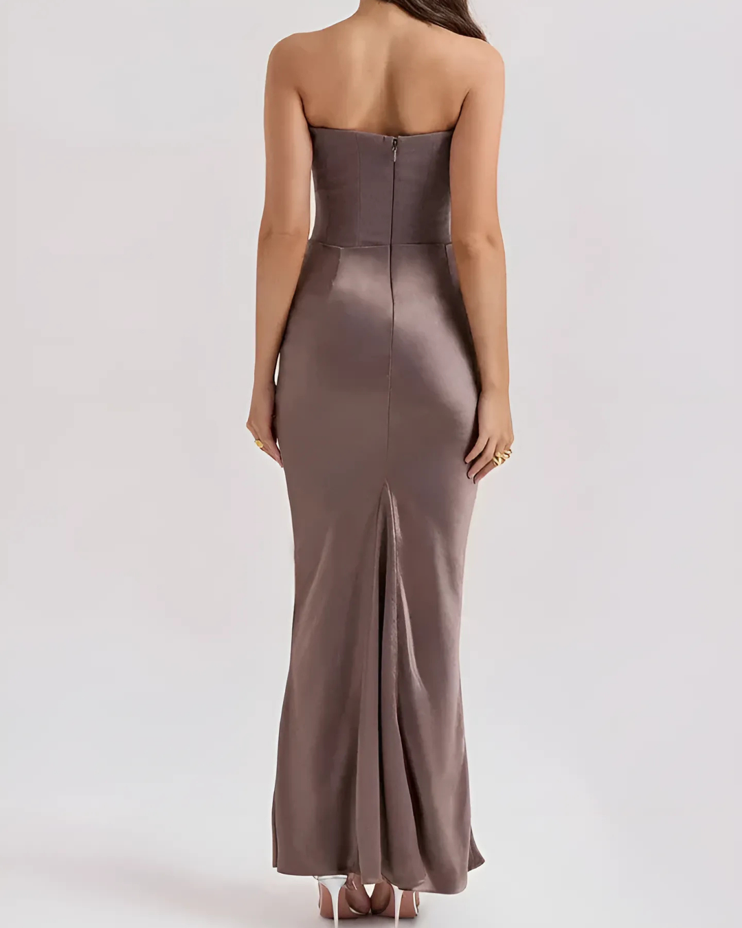 Elegant Satin Maxi Dress for Women with Strapless Ruched Bodice Column Formal Wedding Guest Style