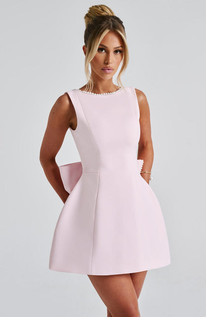 Stylish Mini Dress for Women with Round Neck Sleeveless Bow Back Flared Cocktail Style