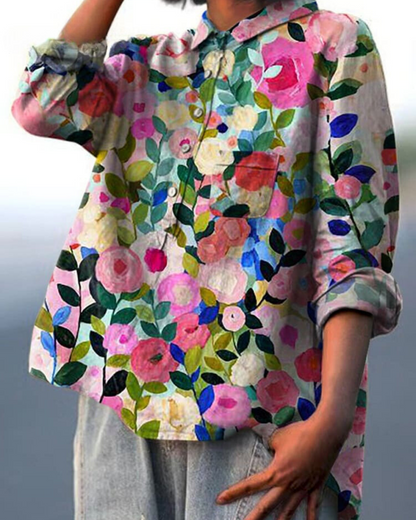 Effortless Floral Blouse for Women with Collar Long Sleeve Button Front High Low Hem Style