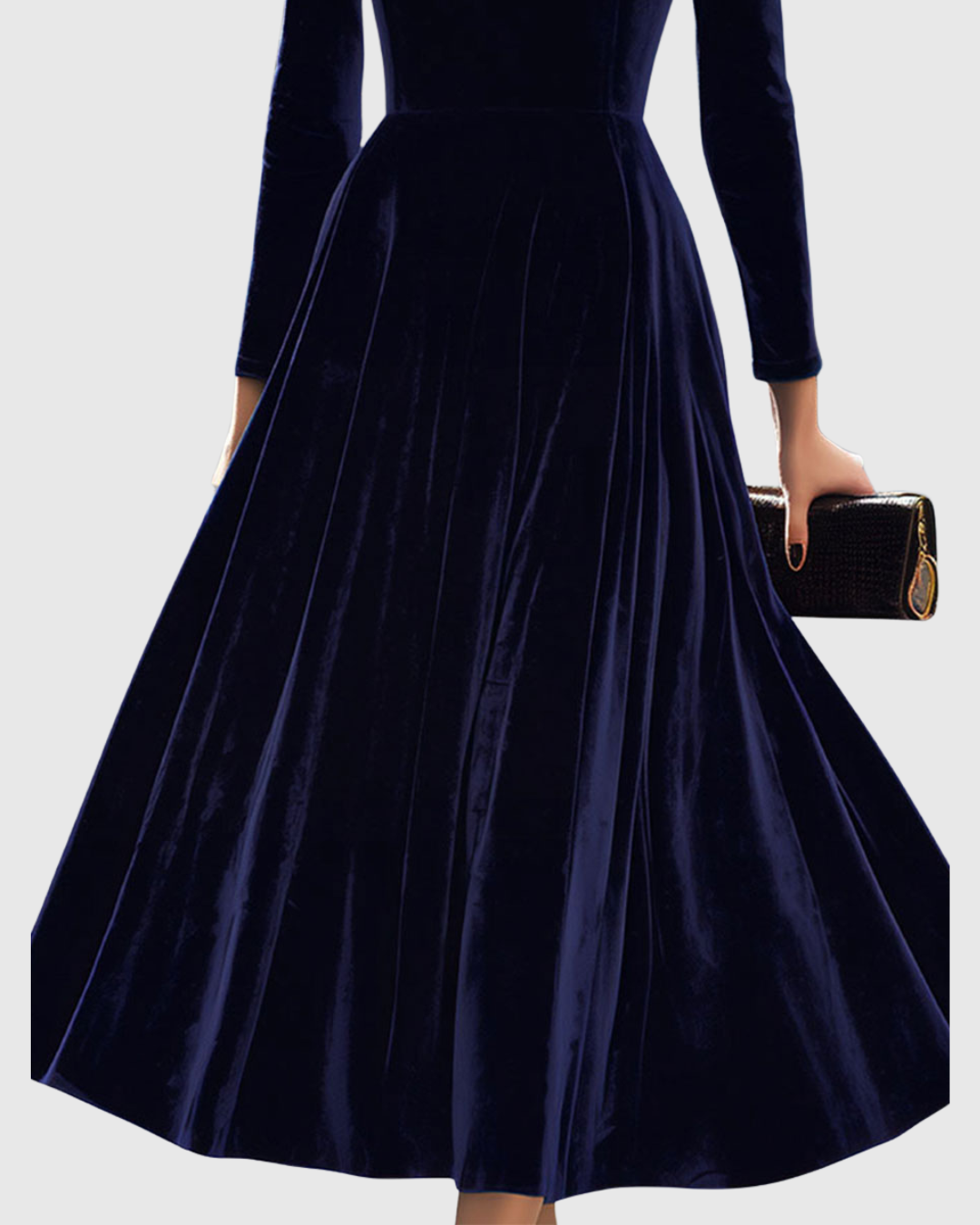 Elegant Navy Blue Velvet Maxi Dress for Women with High Neck Long Sleeve Fit and Flare Formal Wedding Guest Style