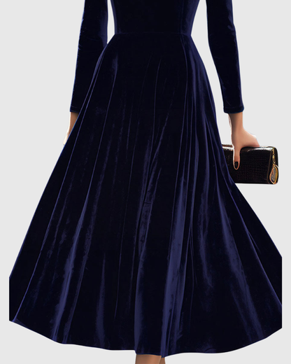 Elegant Navy Blue Velvet Maxi Dress for Women with High Neck Long Sleeve Fit and Flare Formal Wedding Guest Style