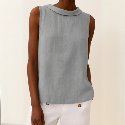 Effortless Linen Blouse for Women with Folded Collar Sleeveless Relaxed Curved Hem Casual Style