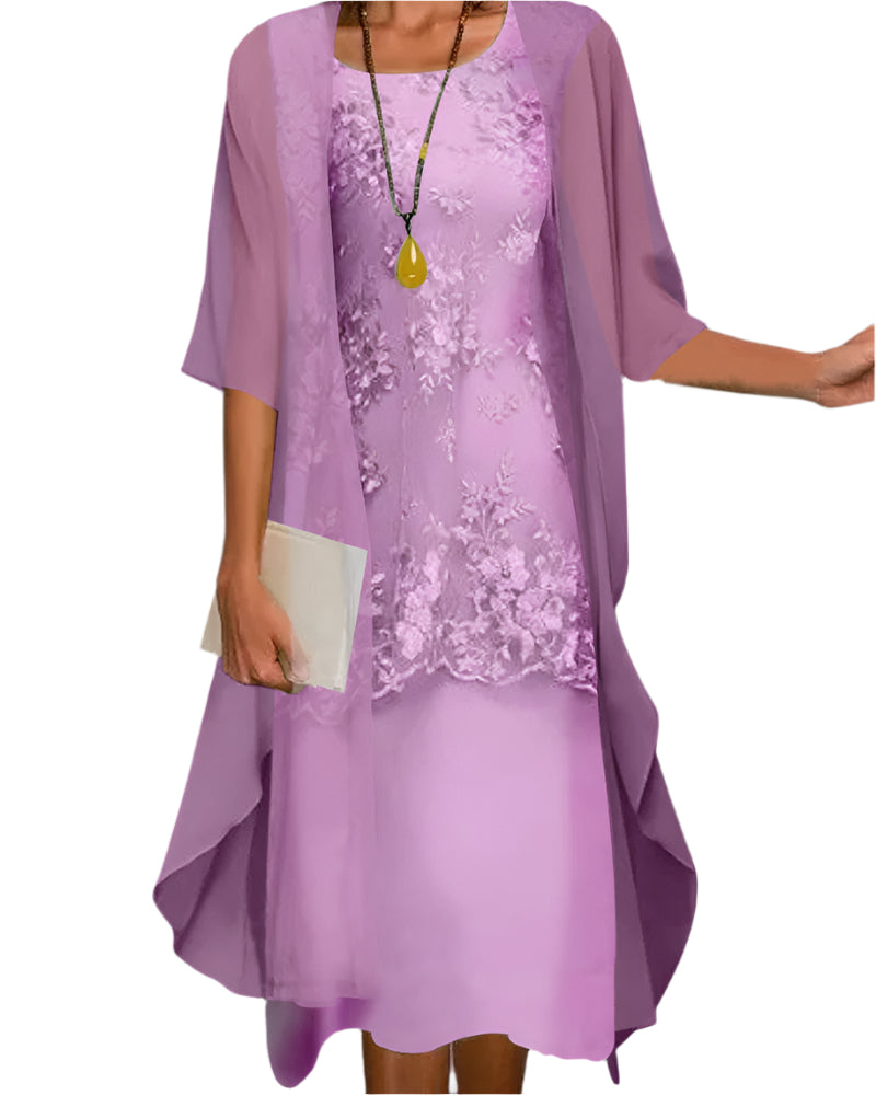 Elegant Chiffon Midi Dress for Women with Lace Jacket Two Piece Mother of the Bride Style