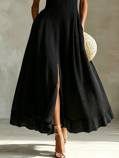 Elegant Black Maxi Dress for Women with High Neck Sleeveless Flowing A Line Slit Formal Wedding Guest Style