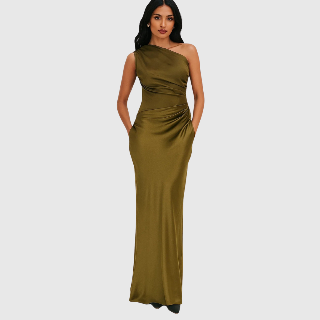 Elegant Satin Maxi Dress for Women with One Shoulder Ruched Bodice Column Formal Wedding Guest Style