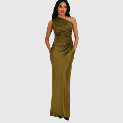 Elegant Satin Maxi Dress for Women with One Shoulder Ruched Bodice Column Formal Wedding Guest Style