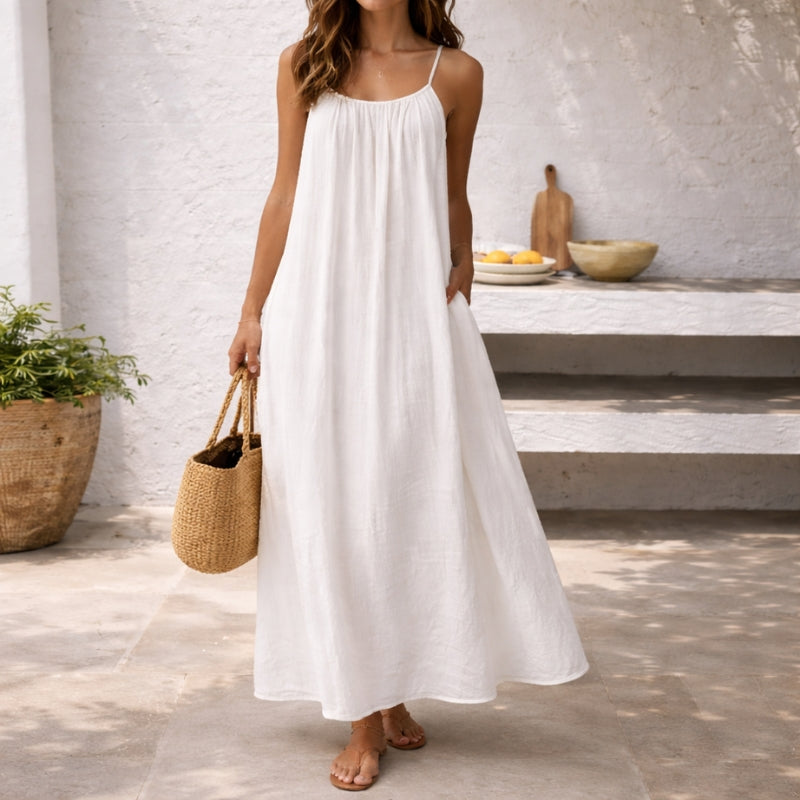 Effortless Linen Maxi Dress for Women with Scoop Neck Spaghetti Strap Flowing Bohemian Style