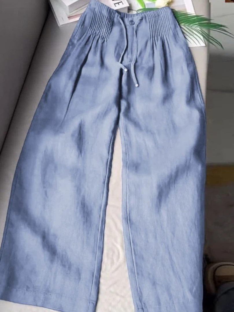 Effortless Linen Wide Leg Pants for Women with Smocked Waist Drawstring Relaxed Flowing Style