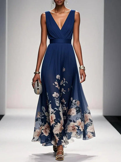 Effortless Floral Chiffon Maxi Dress for Women with Deep V Neck Sleeveless Flowing Formal Wedding Guest Style