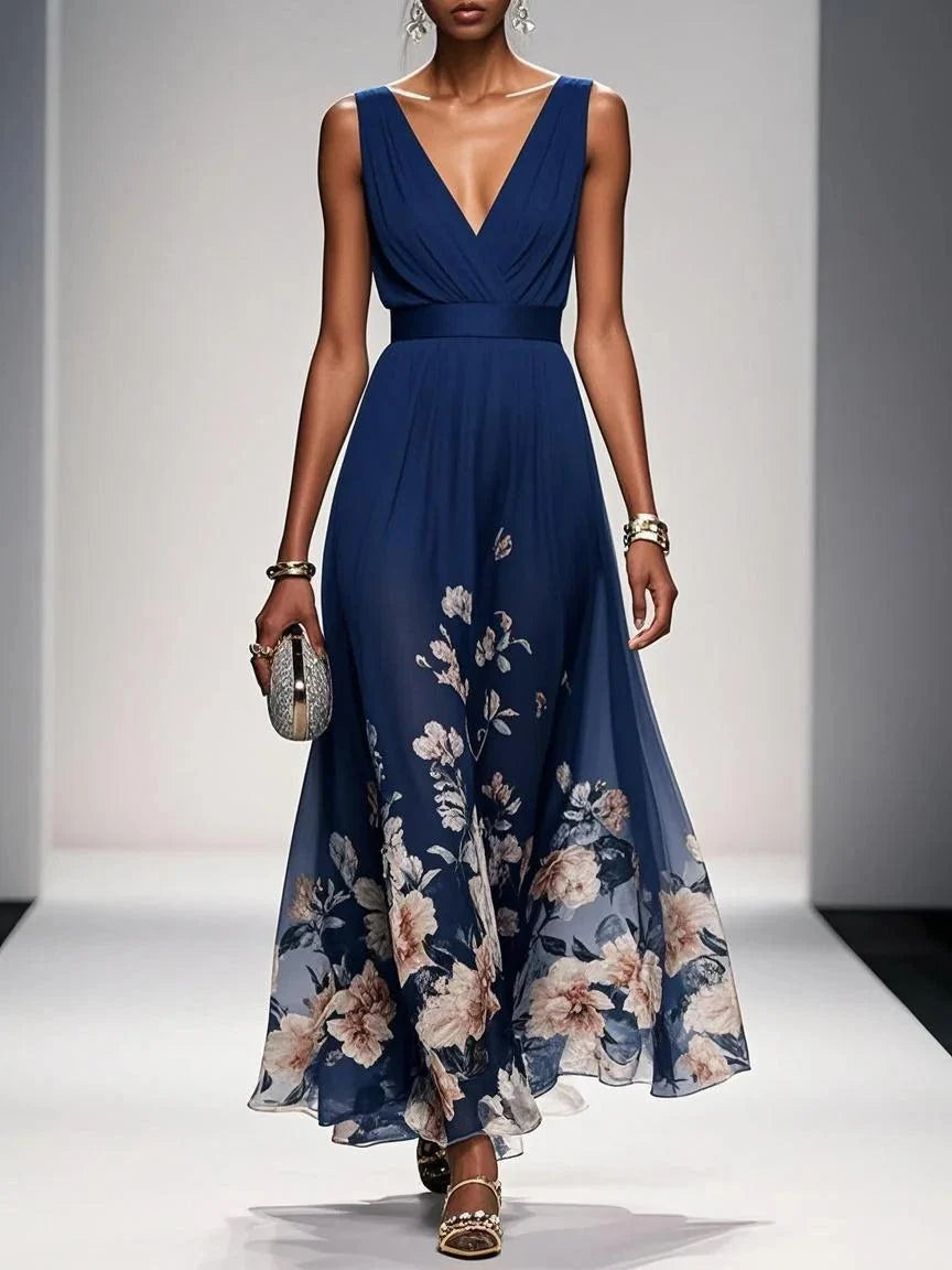 Effortless Floral Chiffon Maxi Dress for Women with V Neck Sleeveless Pleated Flowing Wedding Guest Style