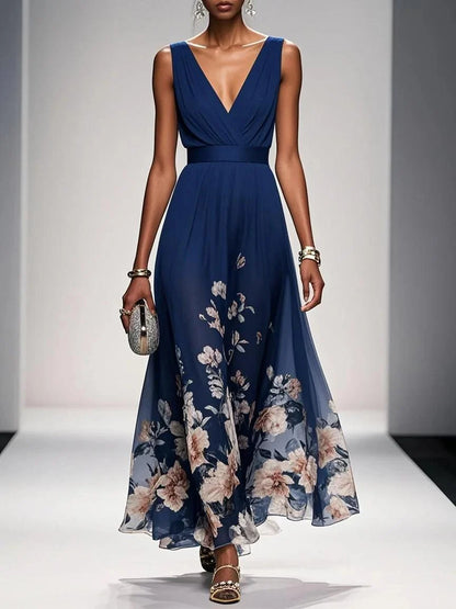 Effortless Floral Chiffon Maxi Dress for Women with V Neck Sleeveless Pleated Flowing Wedding Guest Style