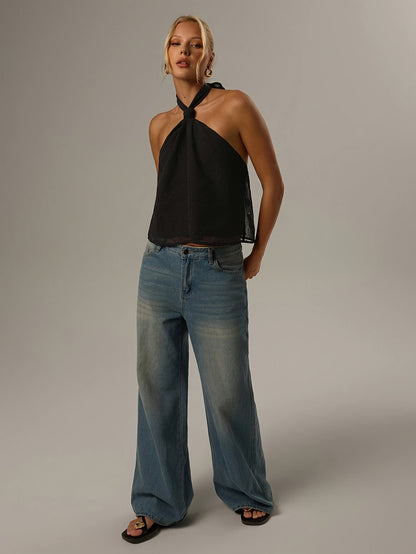 Elegant Black Swiss Dot Halter Top for Women with Twist Front Sleeveless Backless Cocktail Style