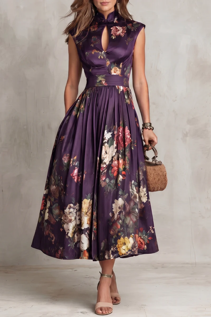 Elegant Floral Midi Dress for Women with High Keyhole Neck Sleeveless Pleated Flowing Formal Wedding Guest Style