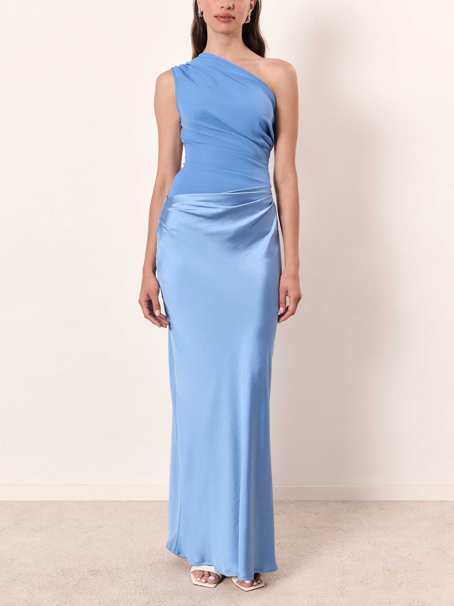 Elegant Satin Maxi Dress for Women with One Shoulder Ruched Waist Mermaid Flowing Style