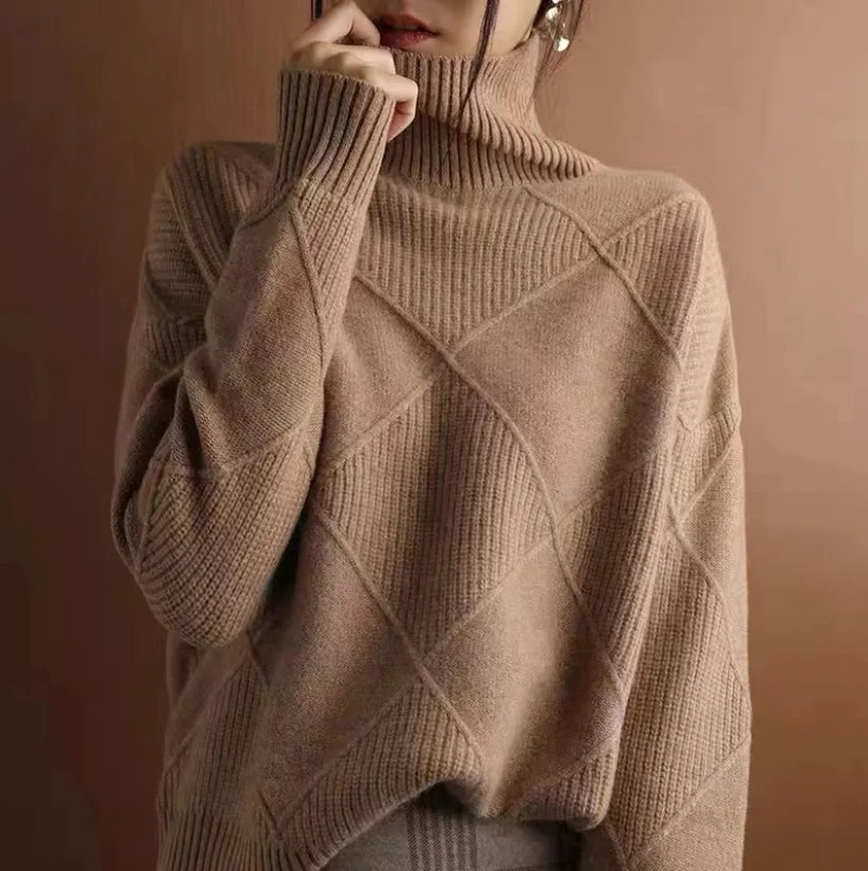 Comfortable Diamond Pattern Sweater for Women with Turtleneck Long Sleeve Relaxed Oversized Knit Style