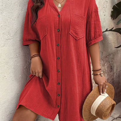 Effortless Textured Cotton Shirt Dress for Women with Collar Elbow Sleeve Button Front Patch Pocket Casual Style