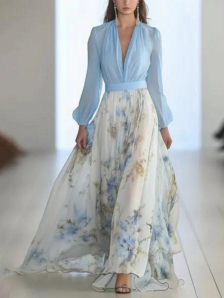 Elegant Blue Floral Maxi Dress for Women with V Neck Bishop Sleeve Belted Flowing Wedding Guest Style