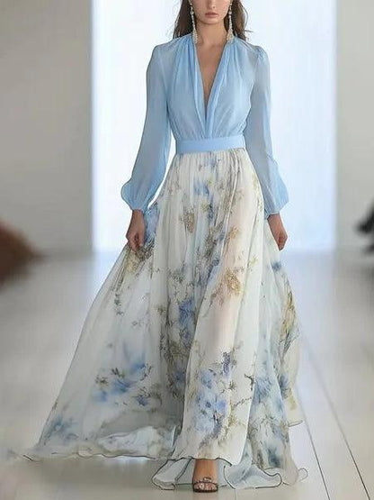 Elegant Blue Floral Maxi Dress for Women with V Neck Bishop Sleeve Belted Flowing Wedding Guest Style