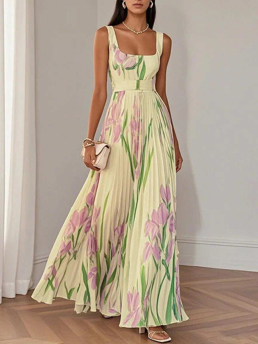Elegant Floral Maxi Dress for Women with Square Neck Sleeveless Pleated Flowing Wedding Guest Style