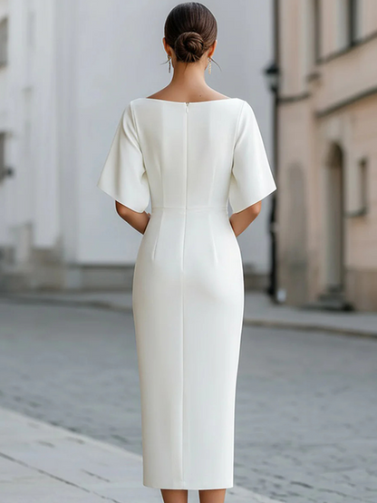 Elegant Sheath Midi Dress for Women with Boat Neck Flutter Sleeve Bodycon Formal Style