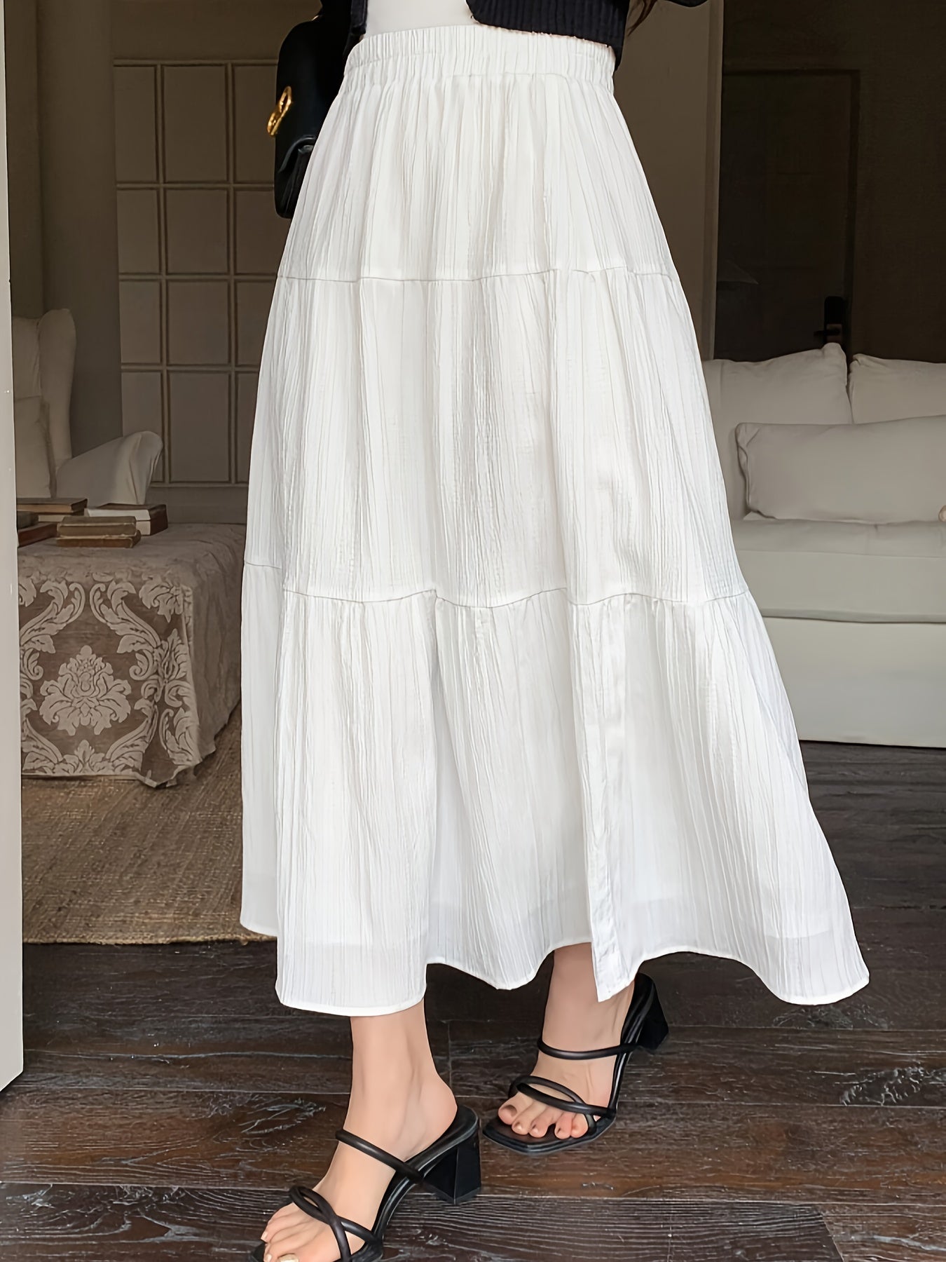 Elegant White Tiered Maxi Skirt for Women with High Waist Elastic Flowing A Line Style