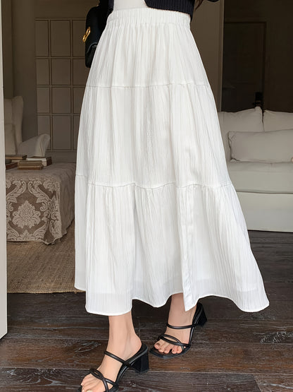 Elegant White Tiered Maxi Skirt for Women with High Waist Elastic Flowing A Line Style