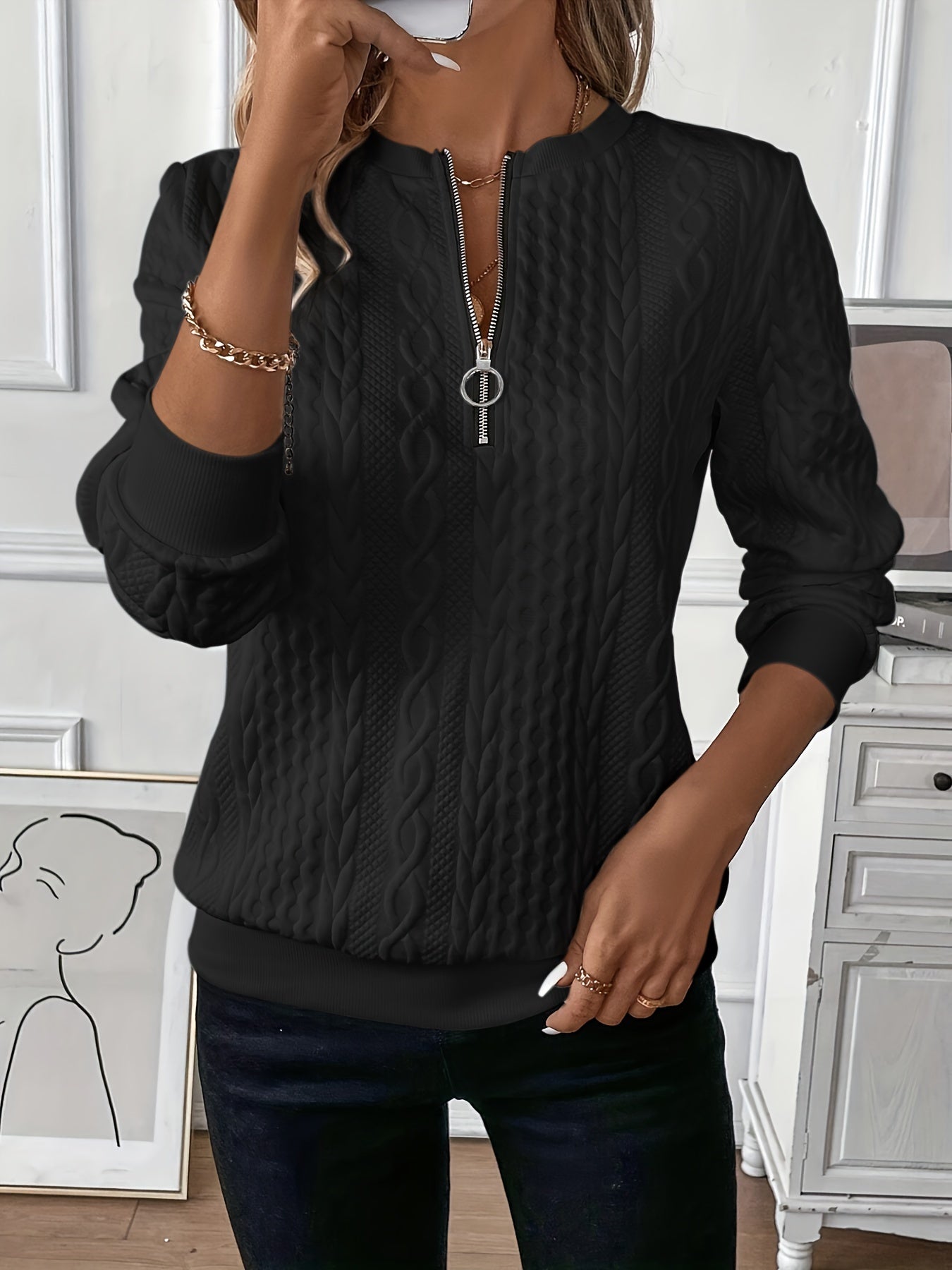 Comfortable Cable Knit Sweater for Women with Zip Collar Long Sleeve Relaxed Casual Style