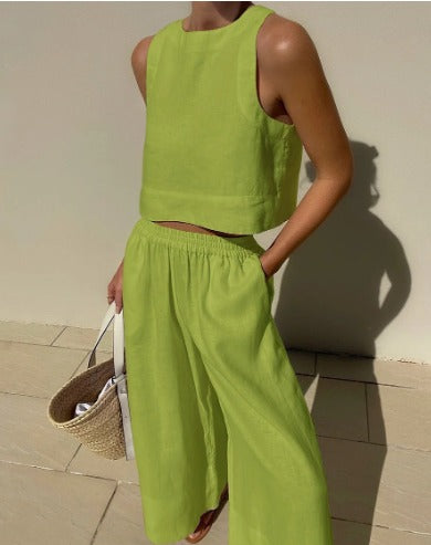 Effortless Linen Wide Leg Set for Women with Square Neck Sleeveless Elastic Waist Two Piece Style