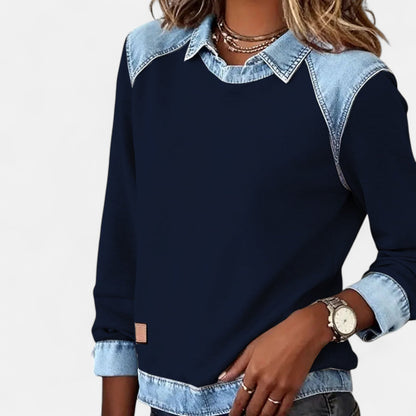 Effortless Denim Colorblock Sweatshirt for Women with Shirt Collar Long Sleeve Raglan Contrast Casual Style
