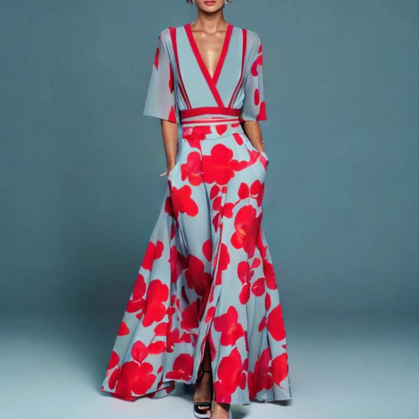 Elegant Blue Floral Maxi Dress for Women with V Neck Elbow Sleeve Wrap Flowing Style