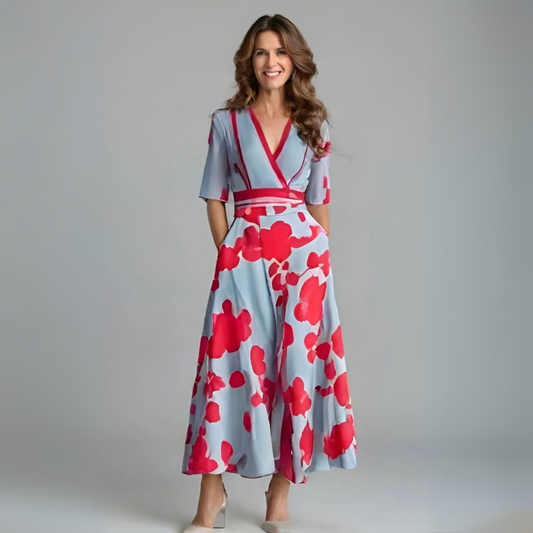 Elegant Blue Floral Maxi Dress for Women with V Neck Elbow Sleeve Wrap Flowing Style