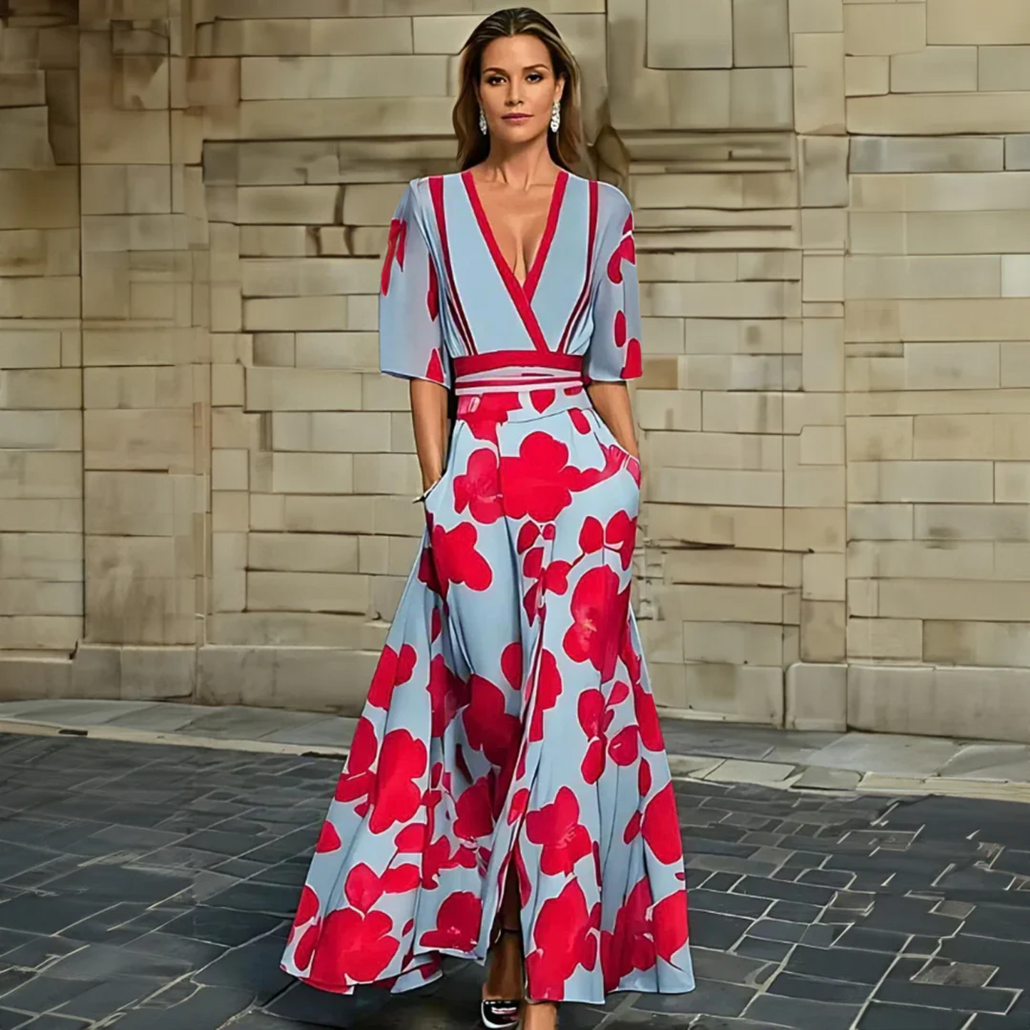 Elegant Blue Floral Maxi Dress for Women with V Neck Elbow Sleeve Wrap Flowing Style