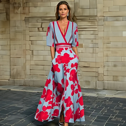 Elegant Blue Floral Maxi Dress for Women with V Neck Elbow Sleeve Wrap Flowing Style