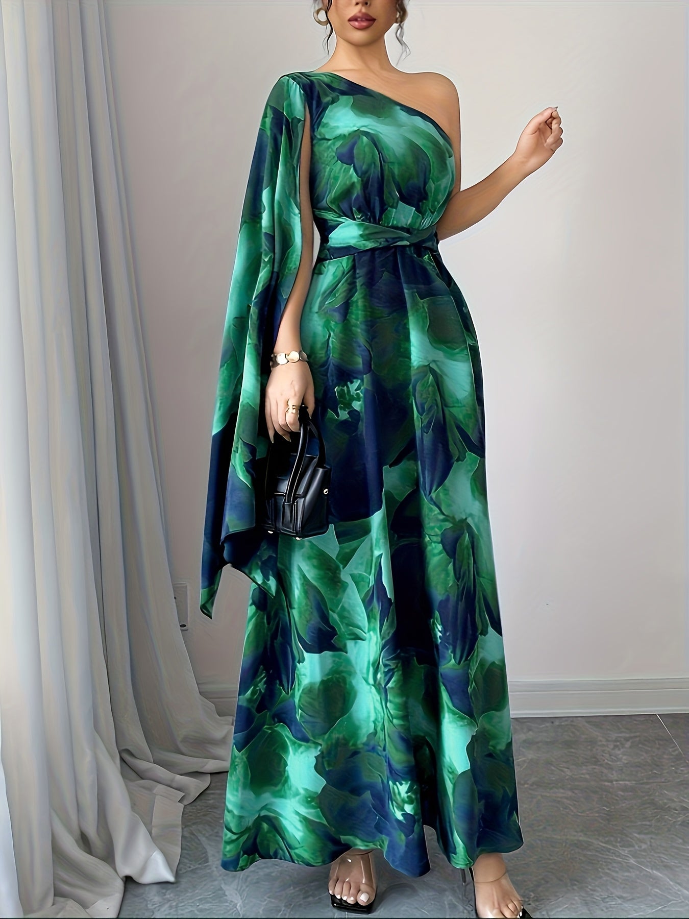 Elegant Floral Maxi Dress for Women with One Shoulder Draped Sleeve Formal Wedding Guest Style